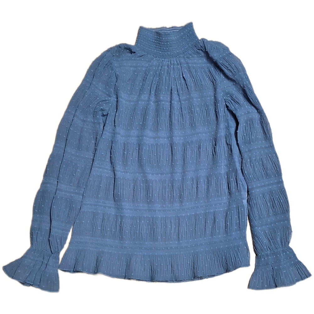 Easel Smocked Mock Neck Blouse Women's Size‎ S Blue Textured Dot Ruffle Sleeve